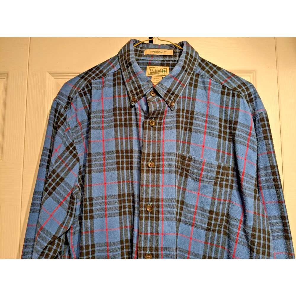 VTG LL Bean Men Traditional Fit Plaid Blue/Red Holiday Flannel Shirt Sz L Cotton - Picture 3 of 16